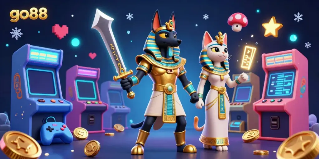 Engage in thrilling gaming action at go88 with a vibrant 3D illustration featuring Anubis and Bastet in a dynamic casino scene.