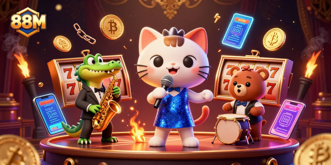 Engage with the thrilling 88M casino adventure featuring lively cartoon characters and slot reels.