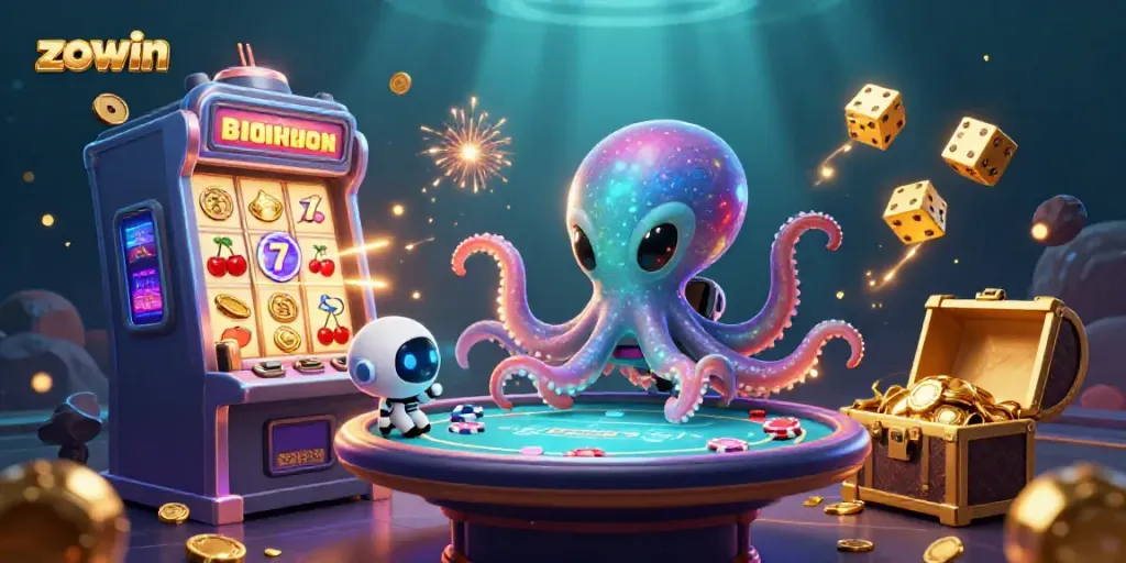 Zowin's casino gaming scene features an alien octopus and robot at a virtual poker table.
