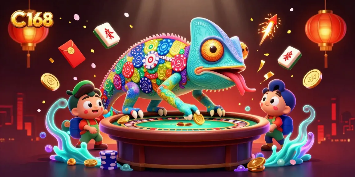 Experience C 168's vibrant casino world with a colorful chameleon owner and abundant gaming elements.