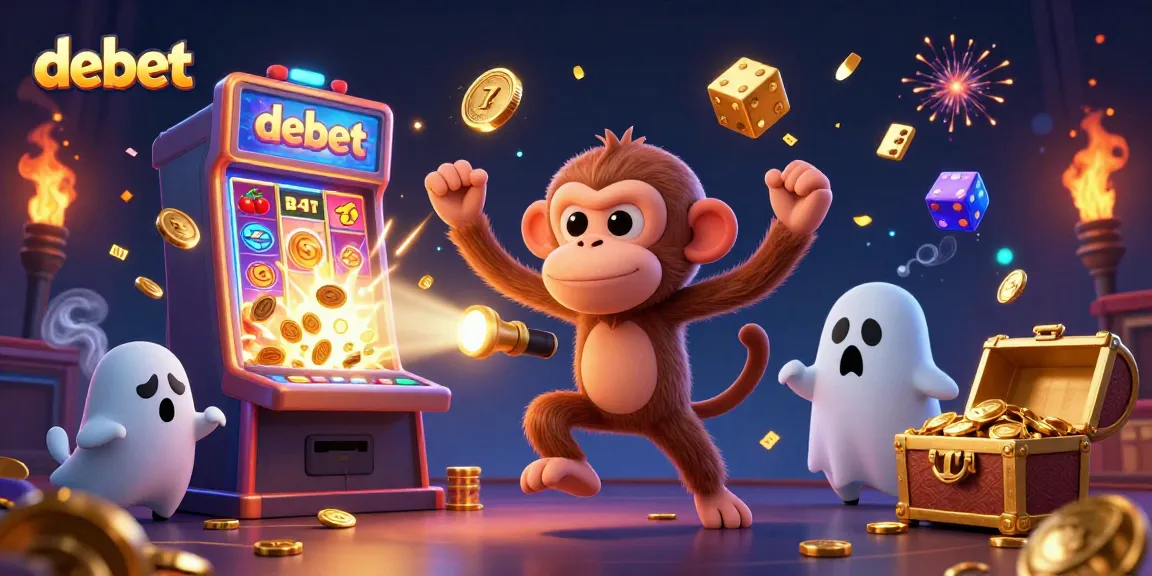 Experience debet with an exciting illustration of a poltergeist monkey and ghost-hunter puppy in a bustling casino.
