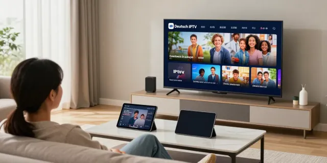 Person entspannt im Wohnzimmer und schaut Deutsch IPTV auf Smart TV.