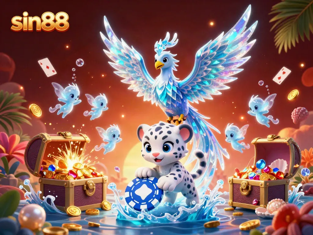 Experience thrilling gameplay with sin88, featuring a vibrant scene of an ice phoenix soaring among sparkling casino elements.