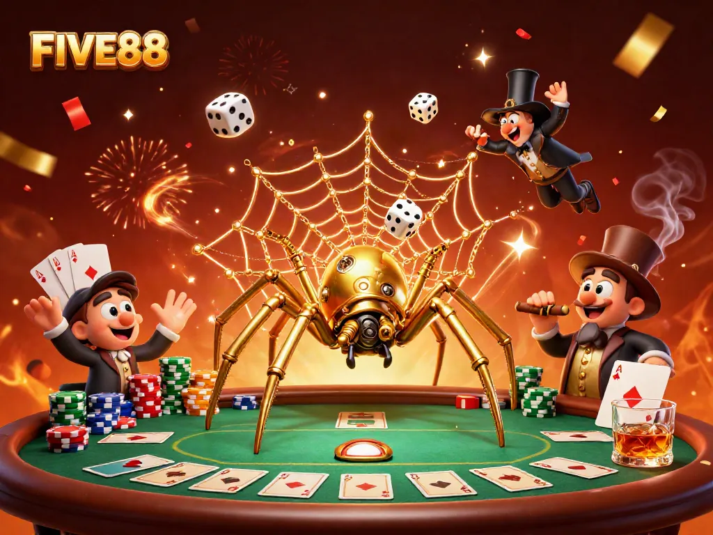 Experience the allure of FIVE88's steampunk casino, where a golden spider weaves a web of chance.