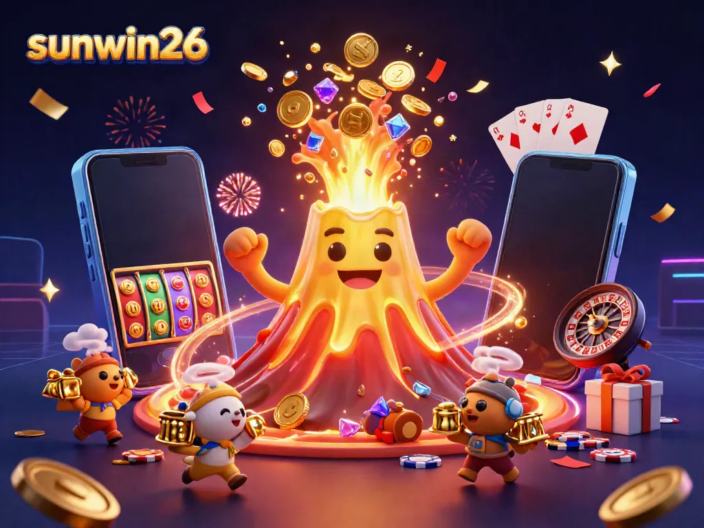 Experience the thrill of sunwin26's golden volcano erupting with treasures amidst a vibrant casino celebration.