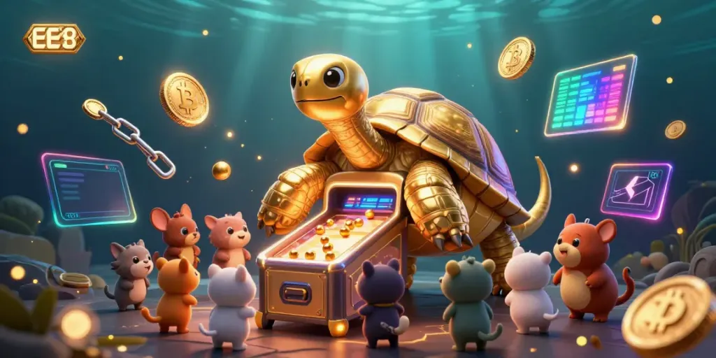 Experience thrilling EE88 gaming adventures with a colossal tortoise pinball machine and vibrant crypto elements.