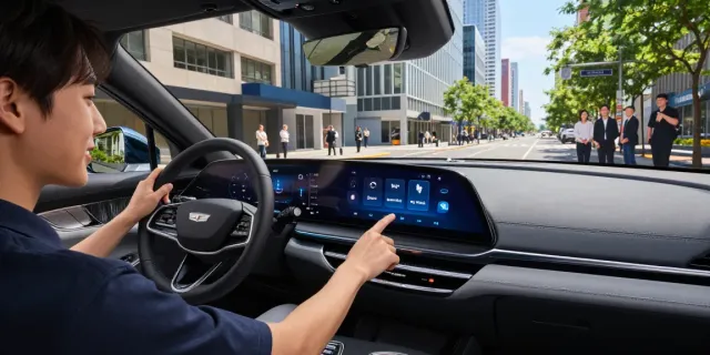 Discover how the driving modes in the Cadillac Lyriq offer different ranges or battery usages through this dynamic urban automotive scene.
