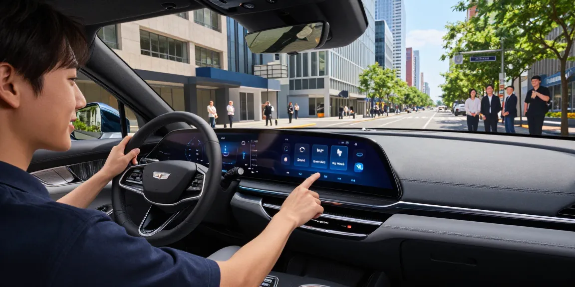 Discover how the driving modes in the Cadillac Lyriq offer different ranges or battery usages through this dynamic urban automotive scene.