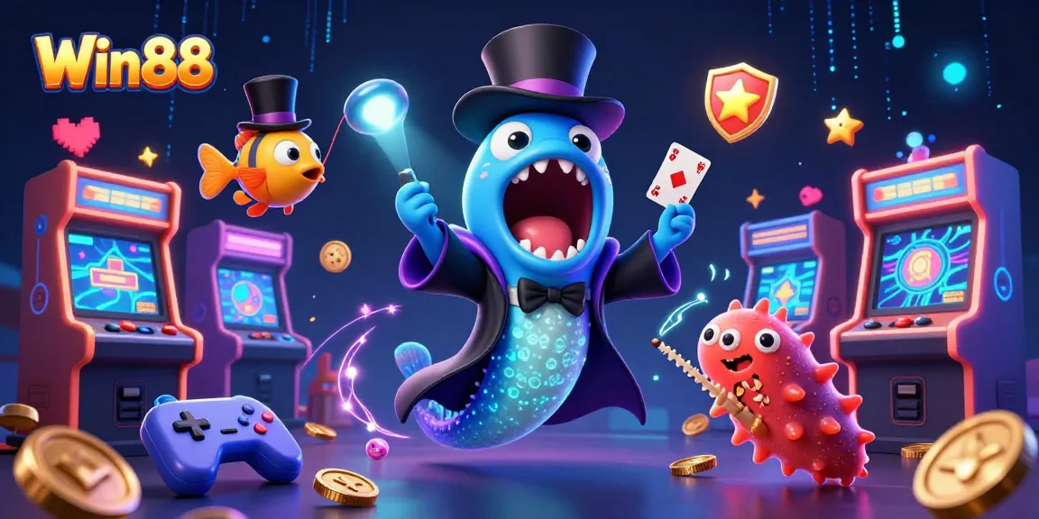 Win88 players enjoy card tricks with a bioluminescent eel in a vibrant casino setting.