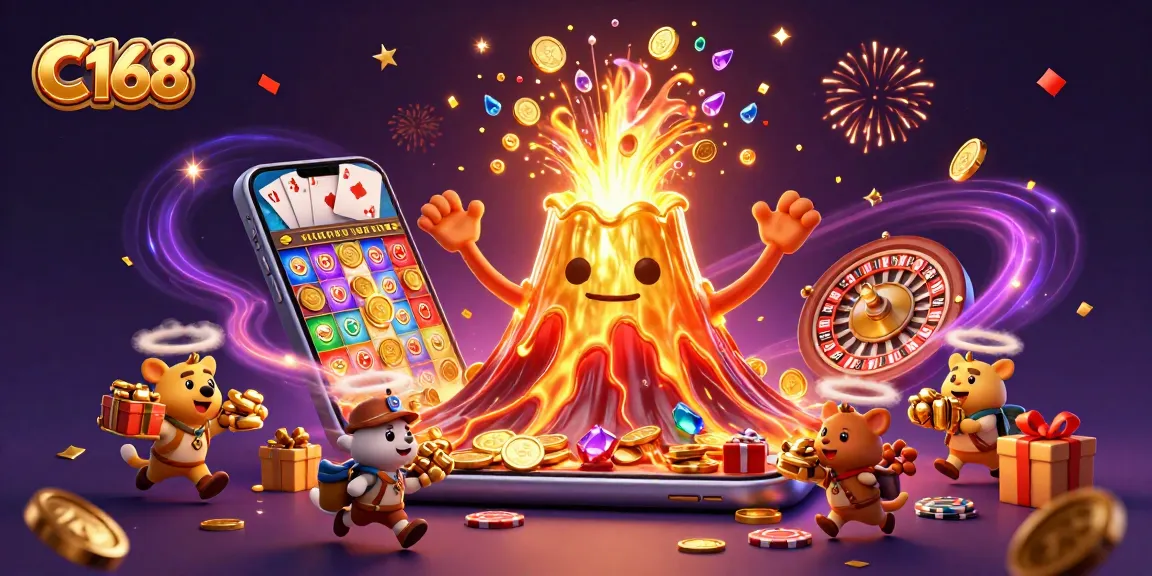 C168 players enjoy abundant treasure from the animated volcano erupting with coins and gems in a vibrant casino scene.