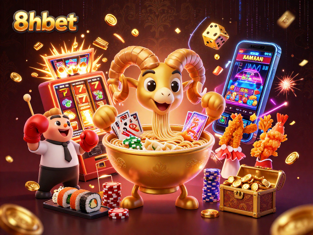 Engage with 8xbet's vibrant gambling atmosphere featuring a giant ramen bowl dealer amidst a golden casino scene.