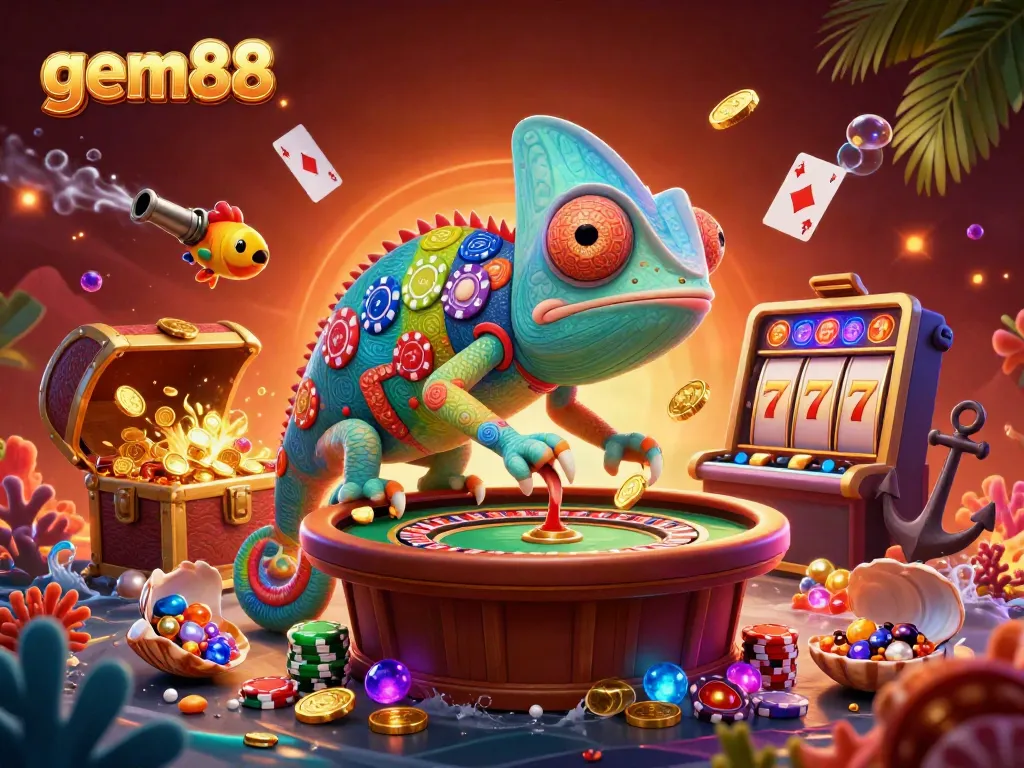 Experience the vibrant energy of gem88 with dynamic chameleon and casino elements in a rich, animated scene.