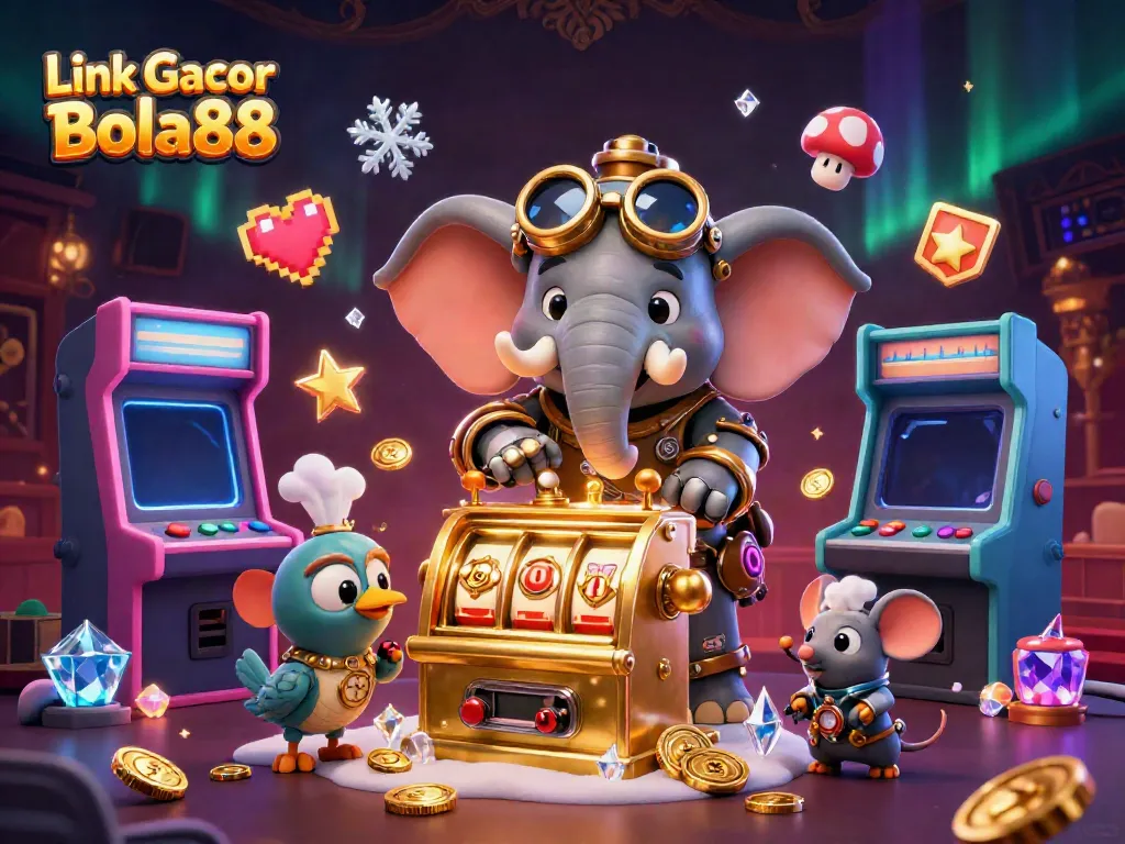 Experience thrilling gameplay with Link Gacor Bola88 as a steampunk elephant engineers the golden slot machine in a vibrant casino.