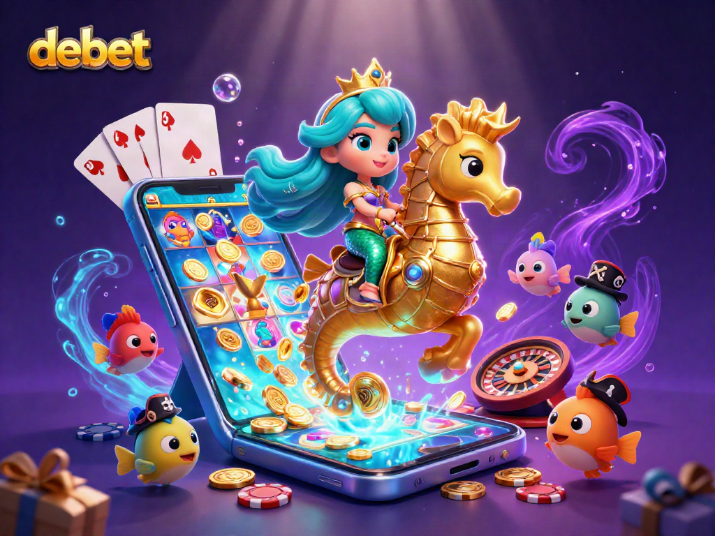 Experience the thrill of debet with a mermaid riding a seahorse amidst vibrant casino elements.