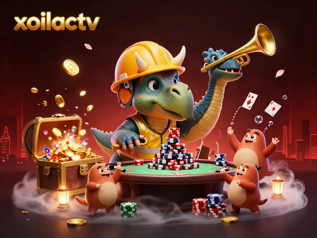 Engage with the exciting world of xoilactv featuring playful 3D characters celebrating poker victories amidst vibrant elements.