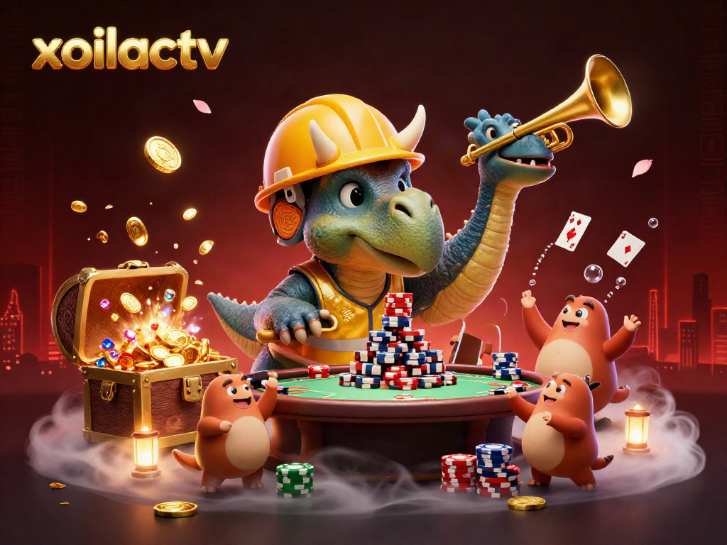 Engage with the exciting world of xoilactv featuring playful 3D characters celebrating poker victories amidst vibrant elements.
