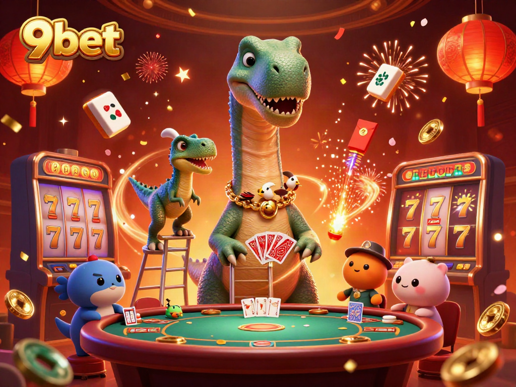 Play exciting games at 9bet with dynamic slots and a playful scene featuring fun cartoon characters.