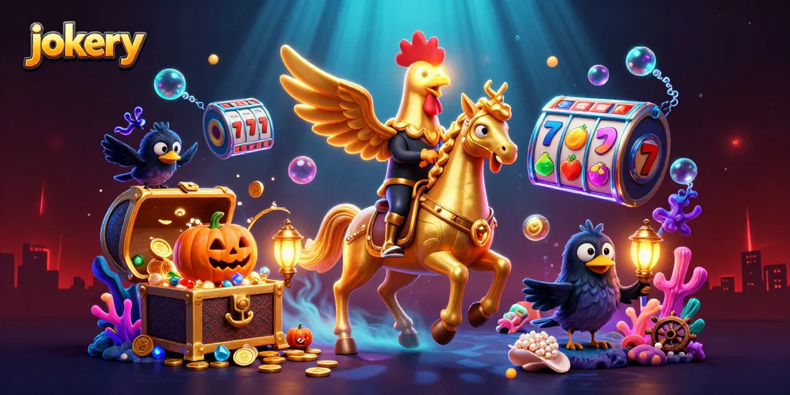 Engage with jokery casino thrills as a golden rooster ventures through a lively midnight casino.