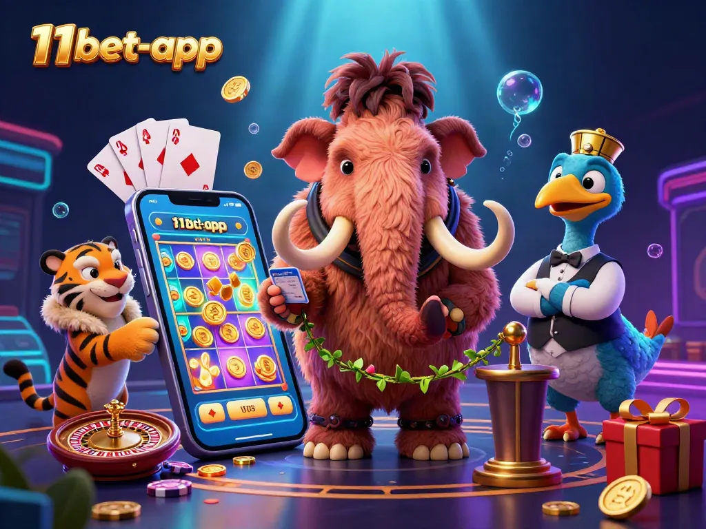Join the action at 11bet-app with a vibrant 3D casino scene featuring exciting games and characters.