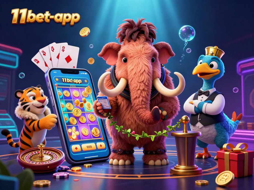 Join the action at 11bet-app with a vibrant 3D casino scene featuring exciting games and characters.