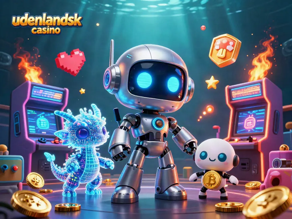 Experience the thrill of udenlandsk casino with a vibrant 3D illustration showcasing cyberpunk elements and gaming excitement.
