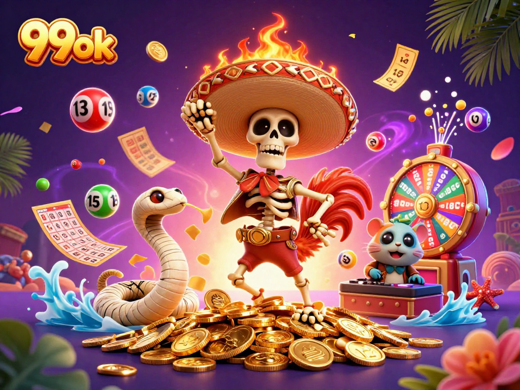 Experience exciting wins with 99ok lottery elements in a vibrant 3D casino scene.