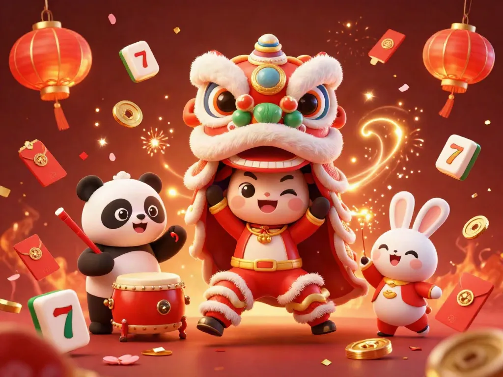 Experience the thrill of slot entertainment with a festive lion dance and jackpot symbols.