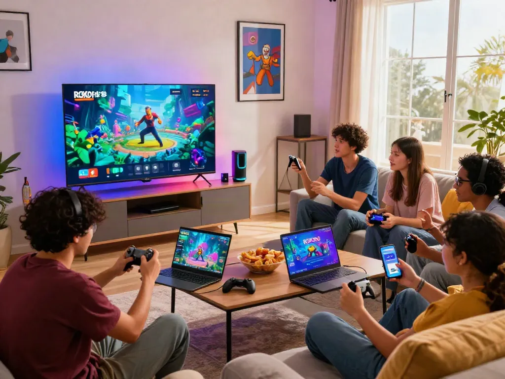 Friends playing games on ROKOK88 platform in a lively living room setting.