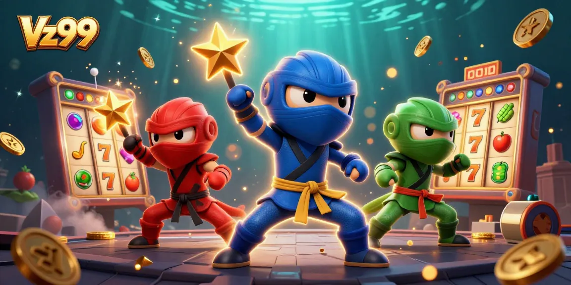 Play exciting slots at Vz99 with animated chameleon ninjas, jackpot reels, and bonus elements.