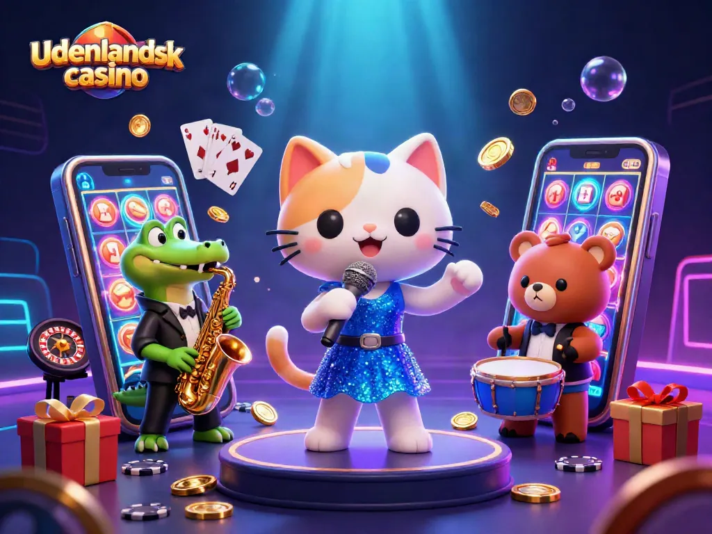 Engaging scene at udenlandsk casino with colorful slot games and lively characters performing.