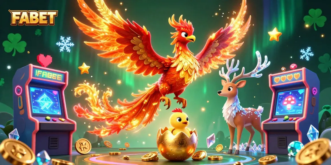 Experience FABET's thrilling realm with a magical phoenix and vibrant gaming elements.