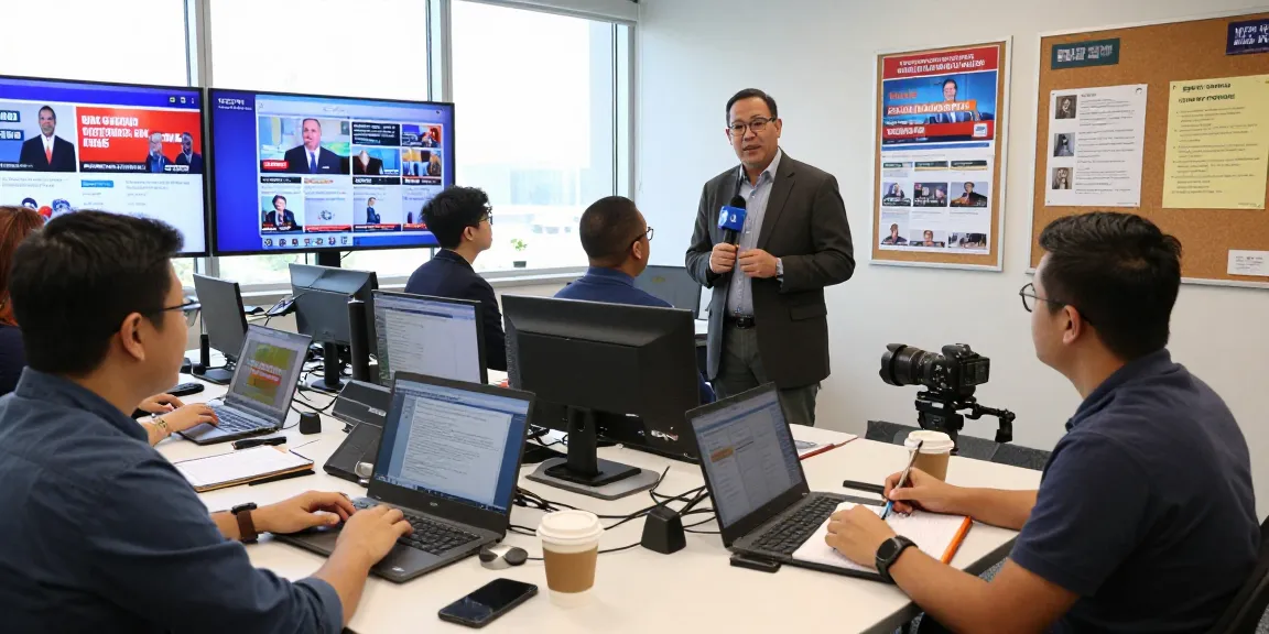 NewsBochum newsroom with reporters collaborating on stories, vibrant urban setting.