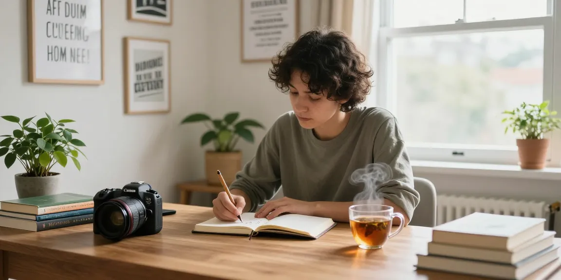 Person, die in ihrem Erfolgsjournal schreibt, in heller und inspirierender Home-Office-Umgebung.