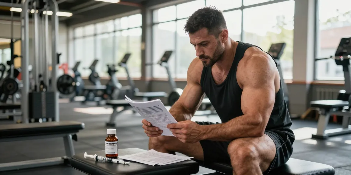 Anabolika Shop scene with a dedicated bodybuilder preparing for a steroid cycle in a bright gym, showcasing fitness equipment and anabolic steroid products.