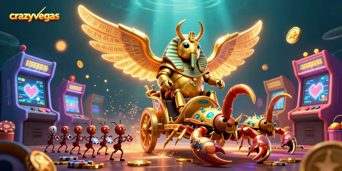 Spin the reels with crazyvegas in a vibrant casino scene with golden scarabs and game machines.