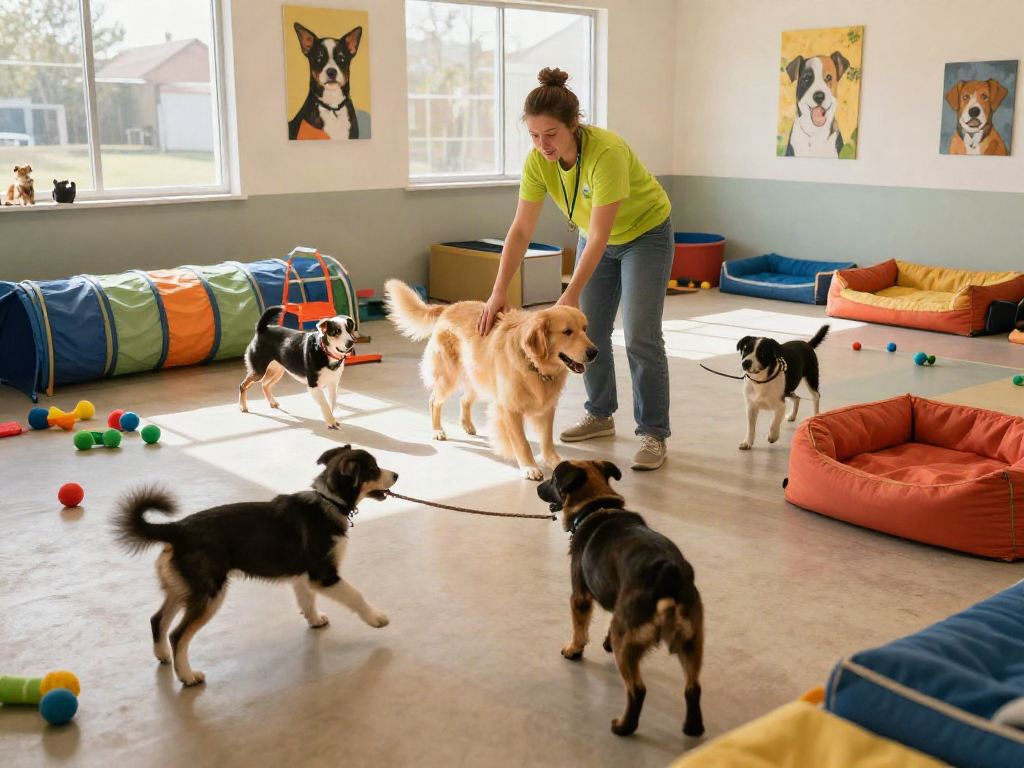 Dogs playing joyfully at daycare, showcasing slot 10k in safe socialization.