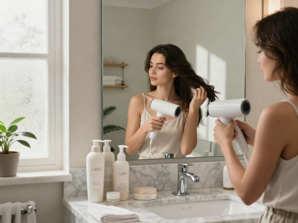 Laifen Haartrockner im eleganten Badezimmer, junge Frau stylt ihr Haar mit modernen Produkten.