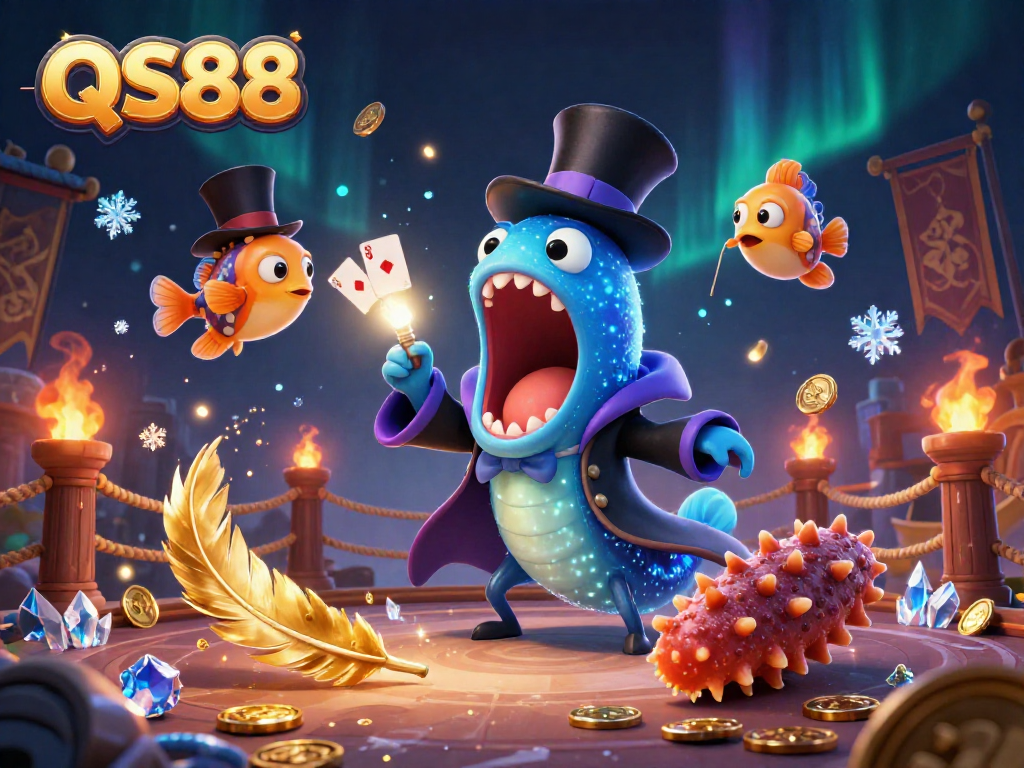 Experience the thrilling world of QS88 with vibrant characters performing magical acts amidst a dynamic casino scene.