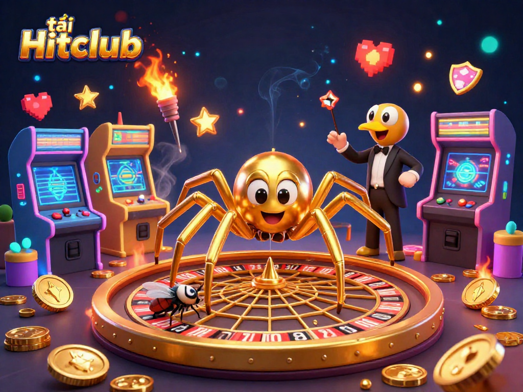 Spin the roulette with the spider and fly while loading tải Hitclub game content in a vibrant casino scene.