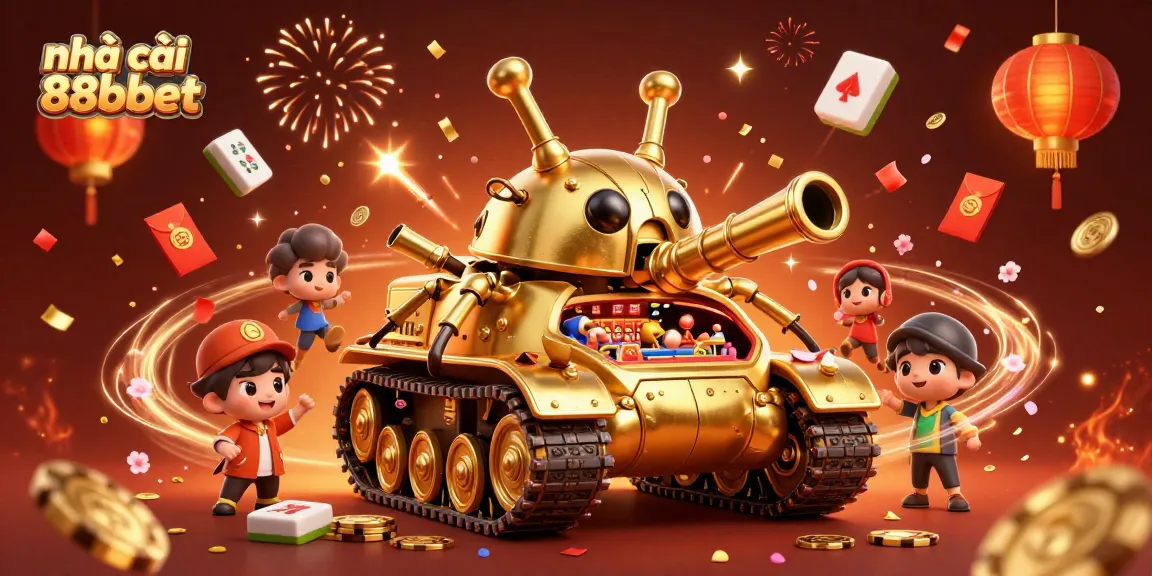 Enjoy the vibrant casino experience with nhà cái 88bbet, featuring a golden beetle tank and confetti!