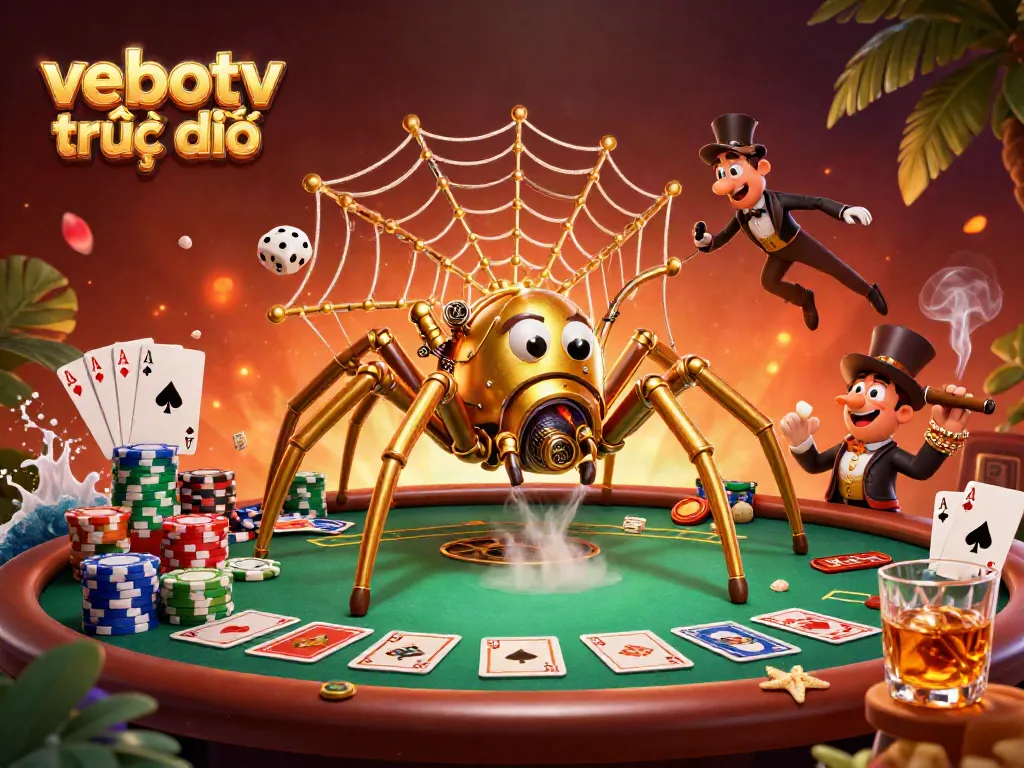 Experience vebotv trực tiếp with a vibrant illustration of a steampunk spider and poker elements.