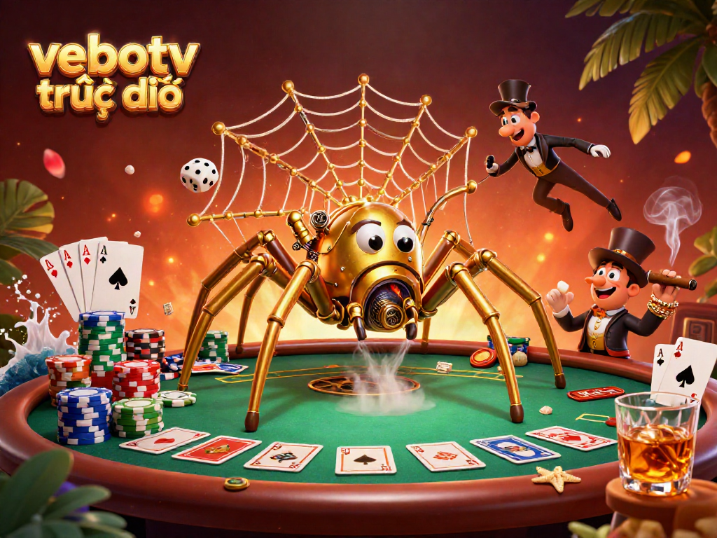Experience vebotv trực tiếp with a vibrant illustration of a steampunk spider and poker elements.
