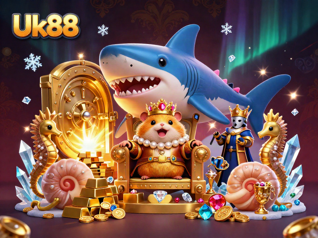 Engage in thrilling gaming at Uk88, featuring a lavish 3D casino scene with a golden hamster king and treasure.