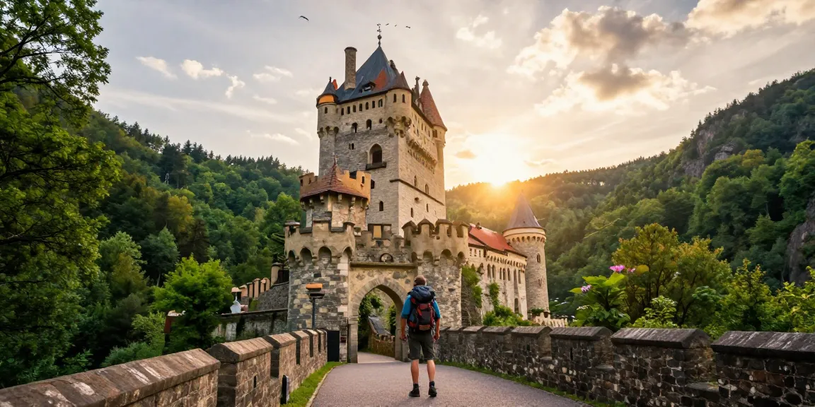 Der Eltz Personal Reisender vor dem majestätischen Burg Eltz, umgeben von einer grünen Waldlandschaft.