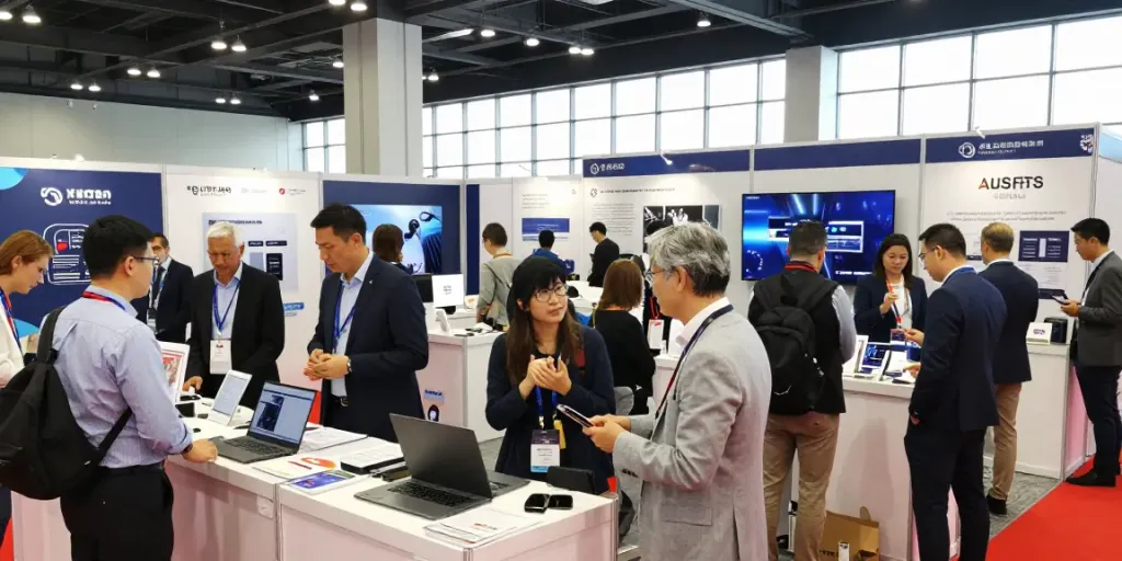 Exhibitors showcasing innovative products at a trade show, emphasizing the role of Aussteller.