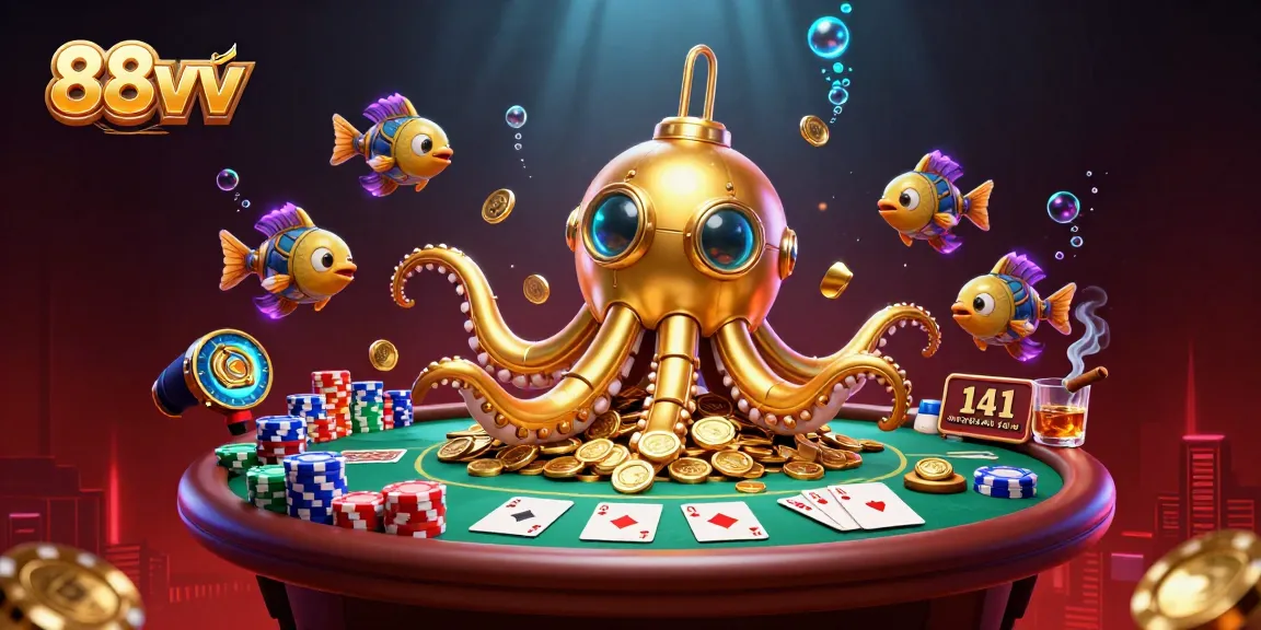 Experience thrilling poker action with 88vv featuring a kraken submarine and golden coins.