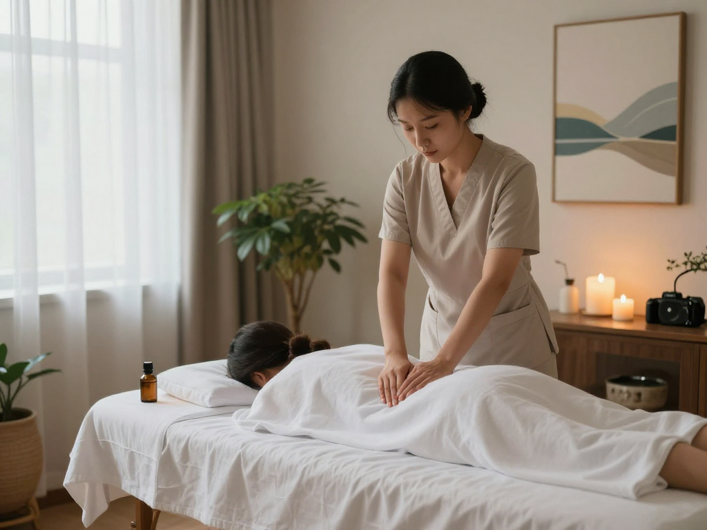 Relaxing 김포출장안마 therapy session in a serene wellness room with essential oils and soft lighting.
