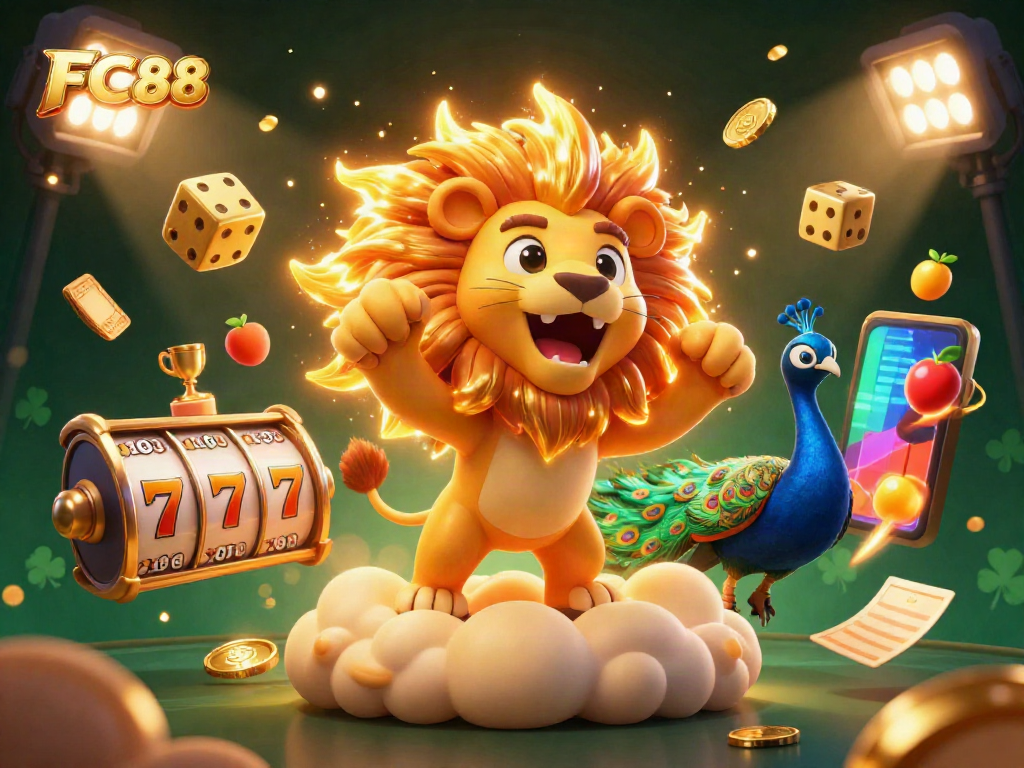 Engage in thrilling play at FC88 with a roaring sun lion, colorful slot reels, and shimmering elements.