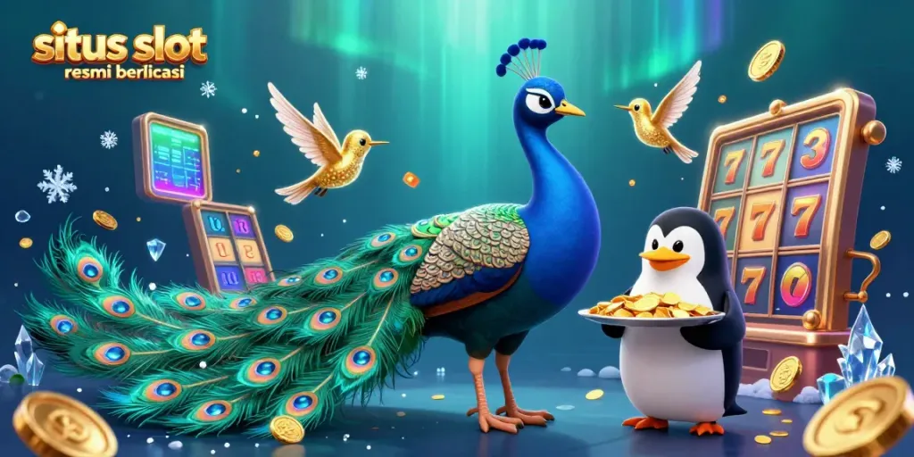 Permainan situs slot resmi berlisensi dengan Aristokratik merak, penguin pelayan, dan kolibri bertenaga di tengah hiasan slot.