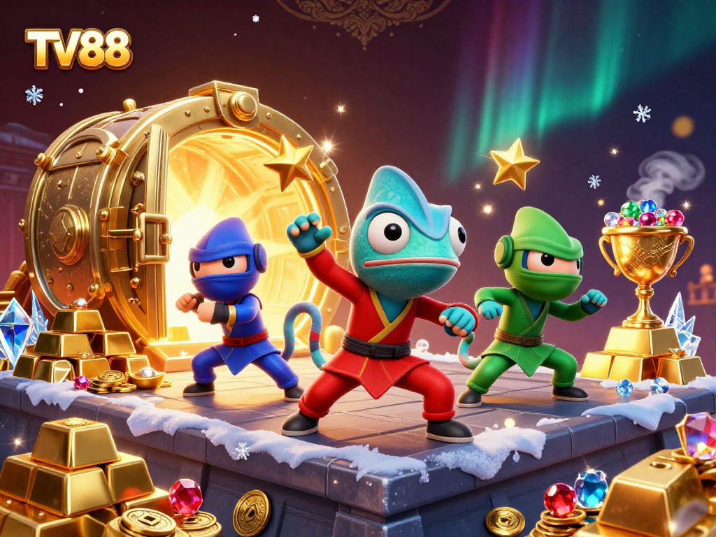 TV88 gambling-themed illustration with chameleon ninjas and golden treasures.